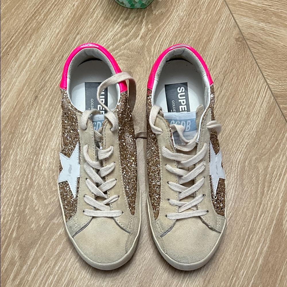 Golden Goose Gold Glitter Sneakers with Pink Trim